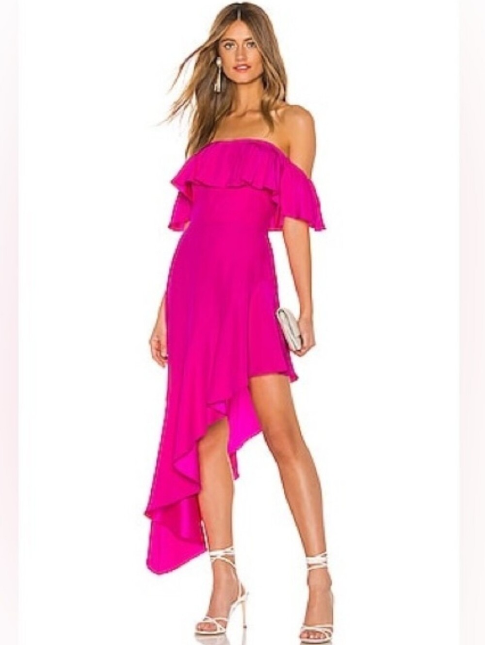 Amanda Uprichard Camellia Dress Hot Pink Off The Shoulder Ruffle Silk Sexy L New